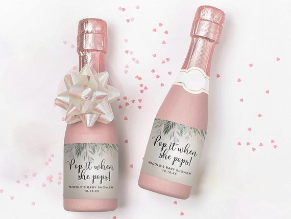 Baby Shower Mini Champagne Bottle Printable Label | Pop it When She Pops Gender Neutral Greenery Design
