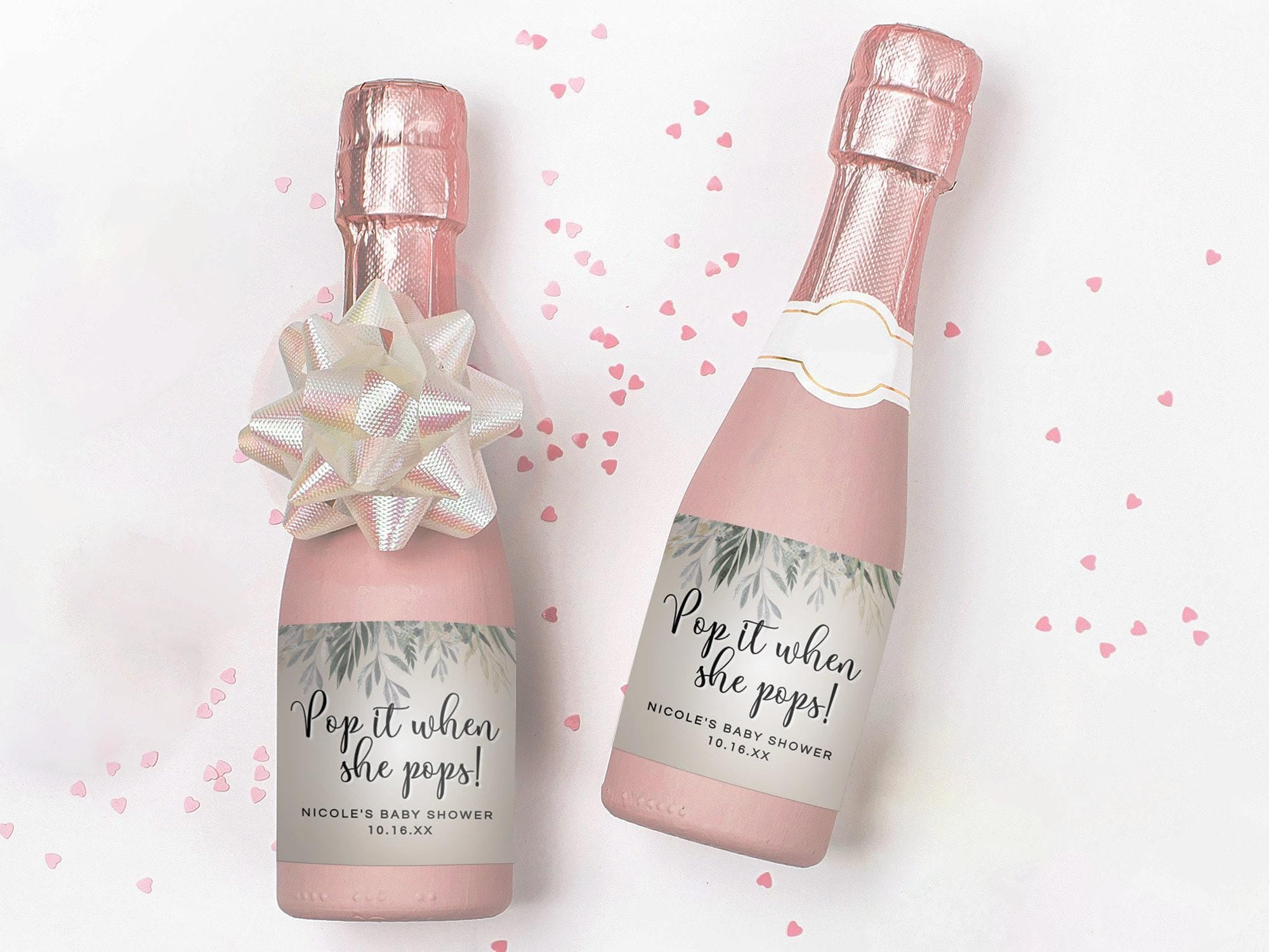 Baby Shower Mini Champagne Bottle Printable Label | Pop it When She Pops Gender Neutral Greenery Design