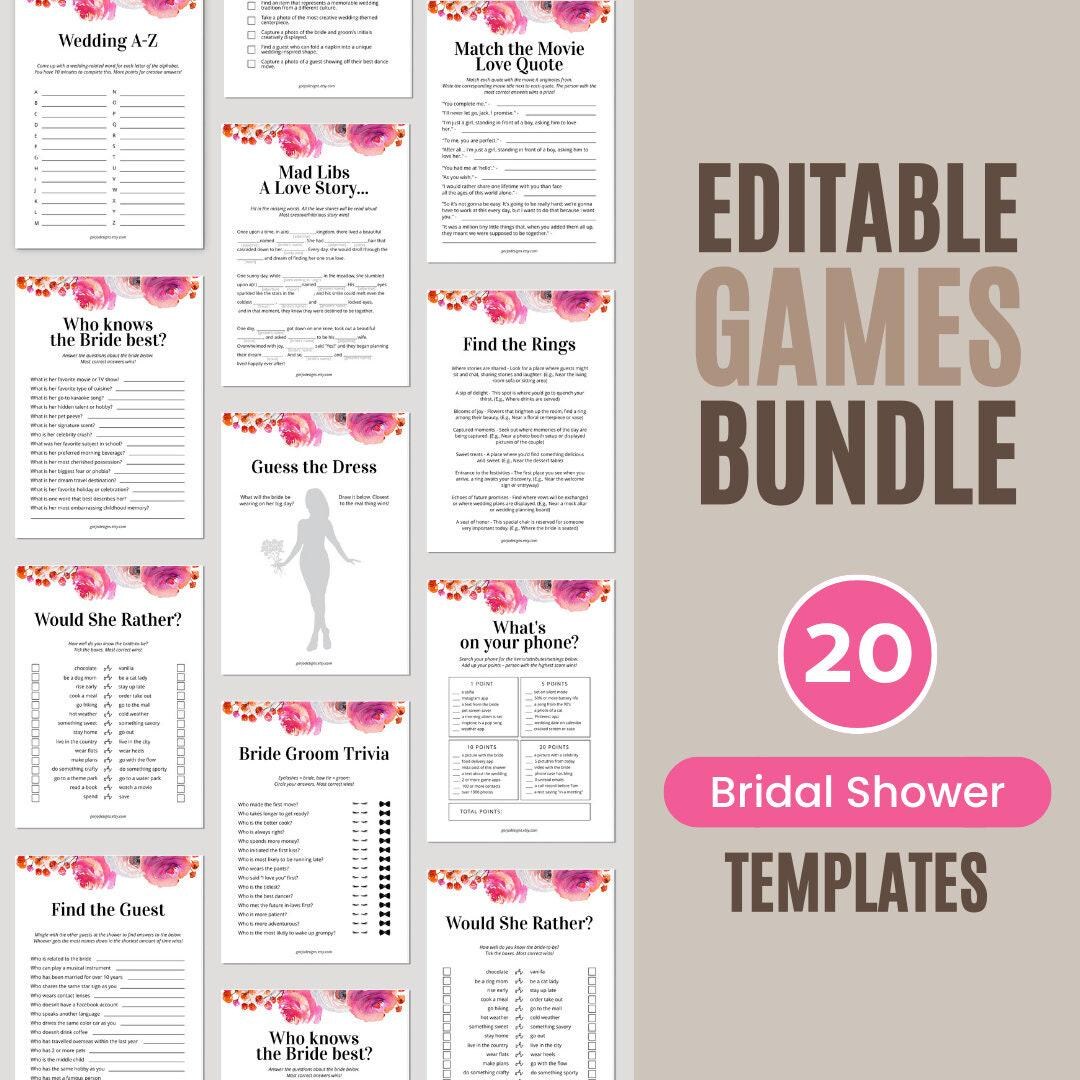 Bridal Shower Game Bundle Floral, Petals And Prosecco Bridal Shower, Bridal Shower Games Template Bundle | BRSH01PP