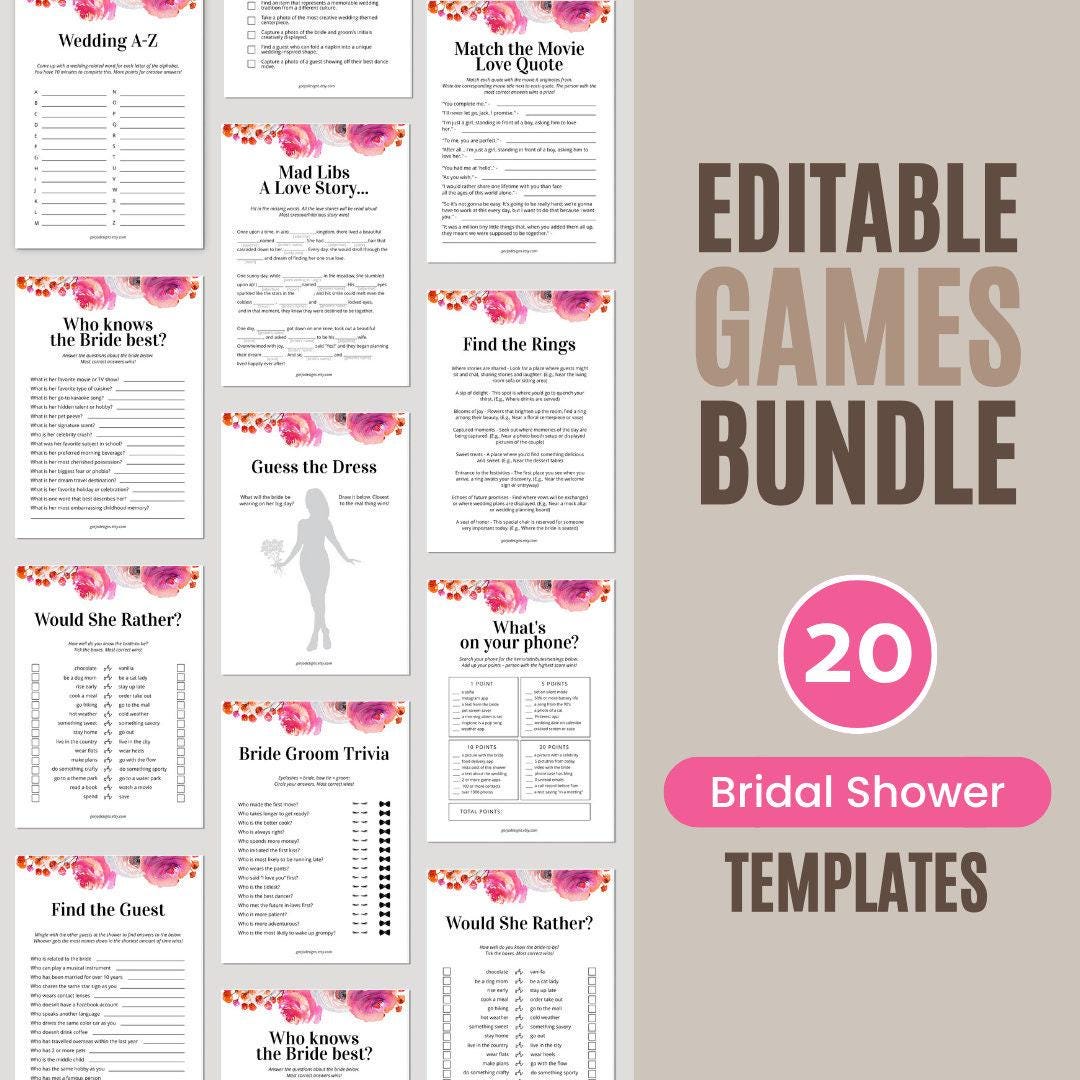 Bridal Shower Game Bundle Floral, Petals And Prosecco Bridal Shower, Bridal Shower Games Template Bundle | BRSH01PP