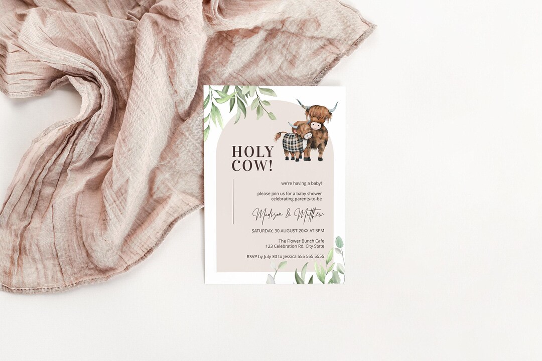 cow baby shower invites, highland cow baby shower, cow baby shower invitation, arch baby shower, greenery baby shower INSTANT DOWNLOAD