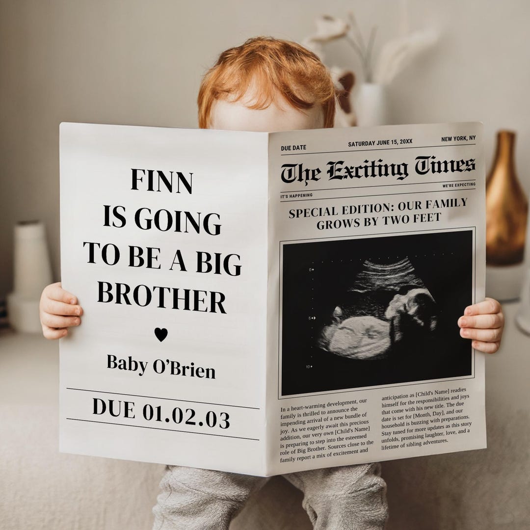Digital Newspaper Baby Reveal - Promoted to Big Brother - Editable Canva Template - Pregnancy Sibling Announcement