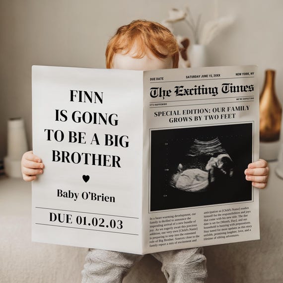 Digital Newspaper Baby Reveal - Promoted to Big Brother - Editable Canva Template - Pregnancy Sibling Announcement