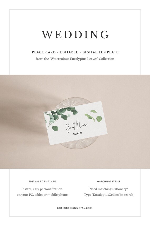 Eucalyptus Place Card Template, instant download, printable place cards template