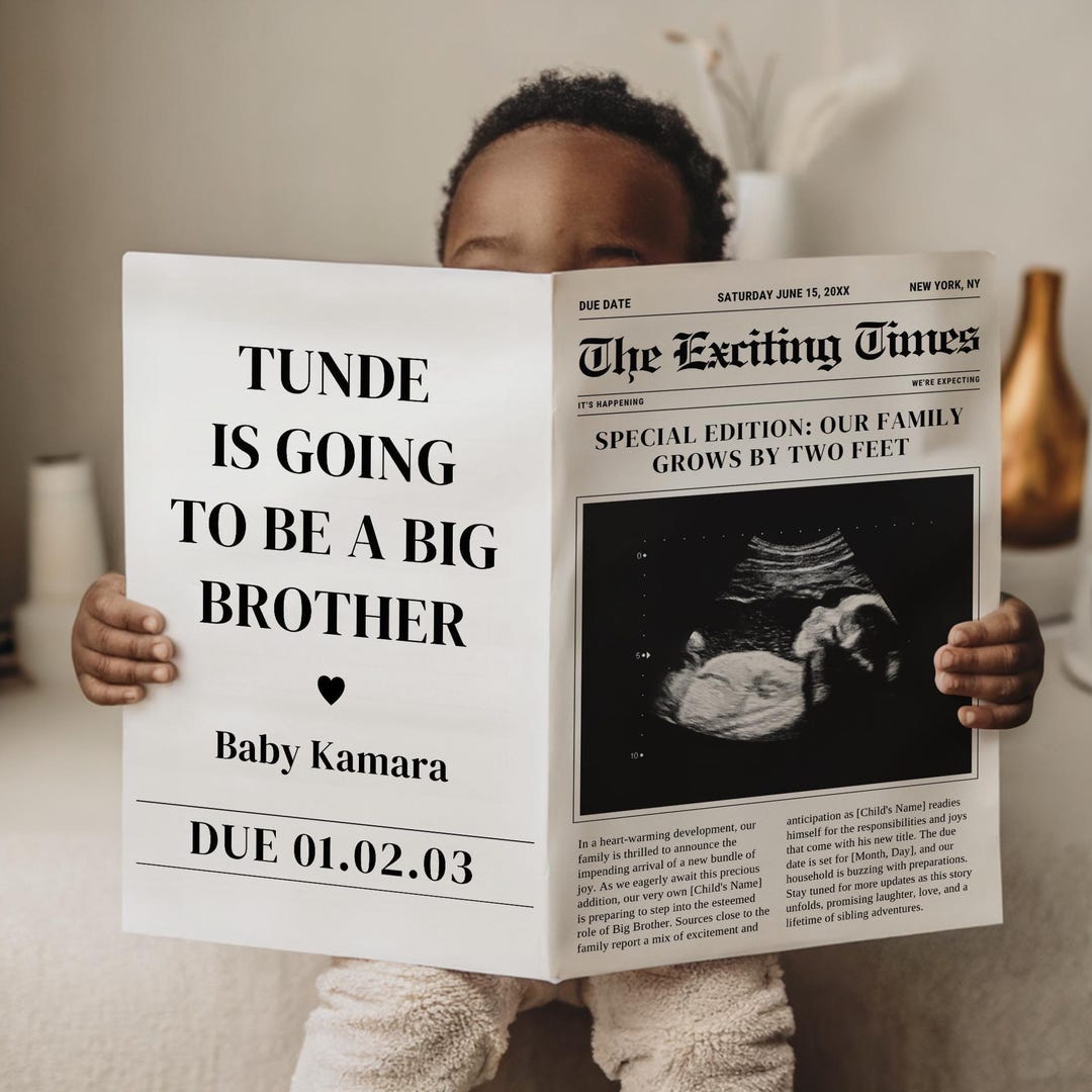 Pregnancy Announcement Newspaper, Editable Big Brother Reveal Template, Digital Sibling News Announcement