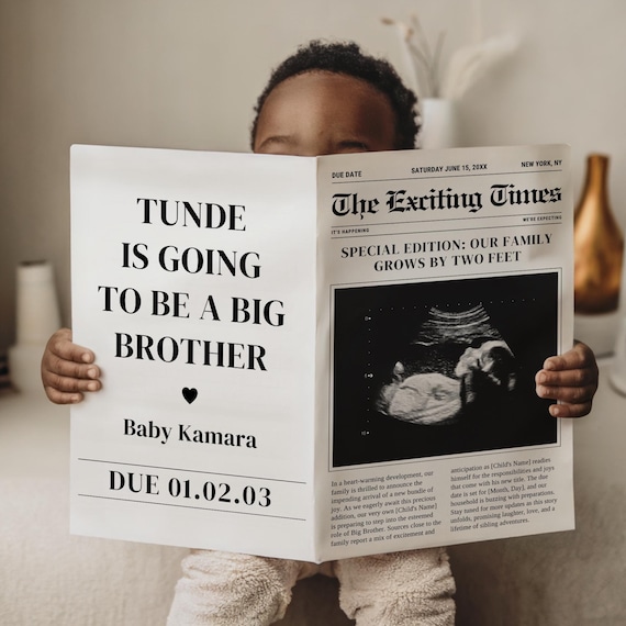 Pregnancy Announcement Newspaper, Editable Big Brother Reveal Template, Digital Sibling News Announcement