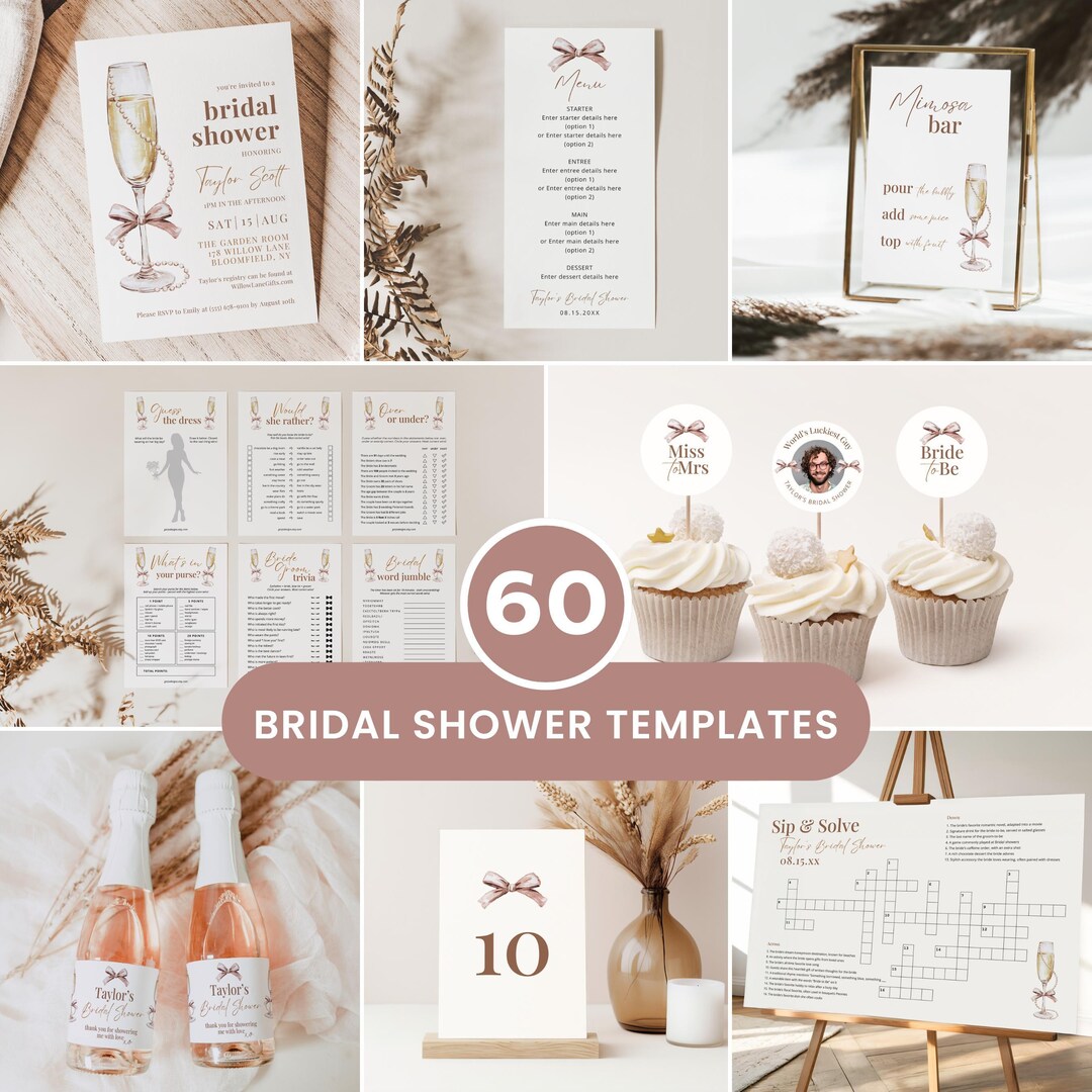 Pearls And Prosecco Bridal Shower Bundle Canva Bridal Shower Welcome Sign Poster Invitation Invite Thank You Tags | BRSHPPRLS01