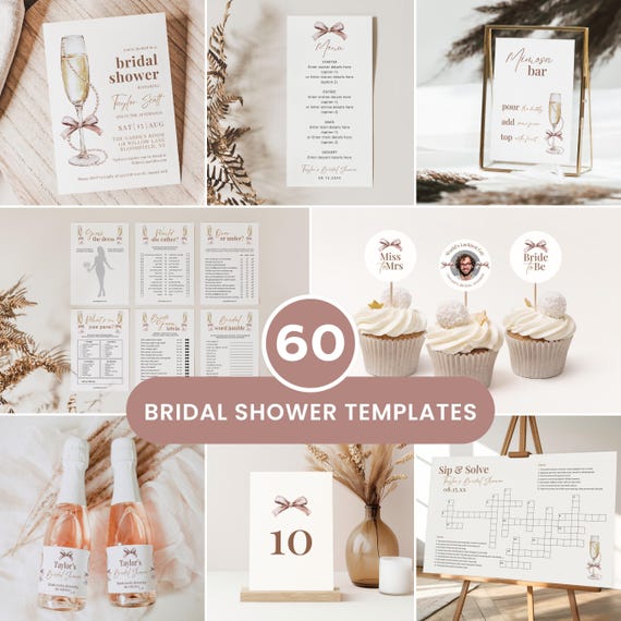 Pearls And Prosecco Bridal Shower Bundle Canva Bridal Shower Welcome Sign Poster Invitation Invite Thank You Tags | BRSHPPRLS01