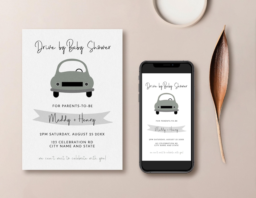 Drive by baby shower invitation, green baby shower, quarantine party, parade party, drive thru party digital invitation, social distancing