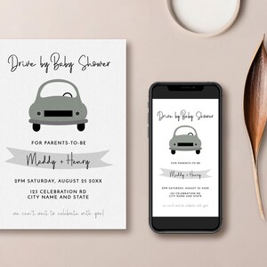 Drive by baby shower invitation, green baby shower, quarantine party, parade party, drive thru party digital invitation, social distancing