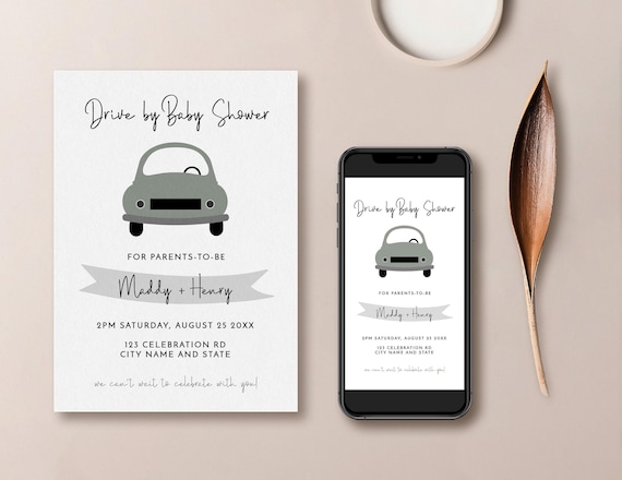 Drive by baby shower invitation, green baby shower, quarantine party, parade party, drive thru party digital invitation, social distancing