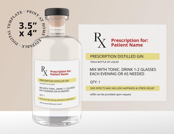 Printable Personalized Rx Prescription Gin Label or Sticker Editable Template
