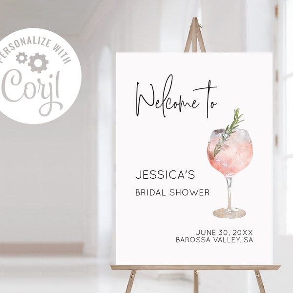 Pink Cocktail / Wine / Rosé Bridal Shower Welcome Sign Template, Printable Bridal Shower Sign, Printable Editable INSTANT DOWNLOAD