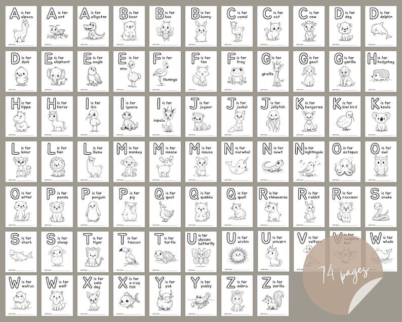 May include: Black and white illustrations of animals for each letter of the alphabet. Each page features a letter, the word "is for", and an animal name. The pages are numbered and there are 74 pages in total.