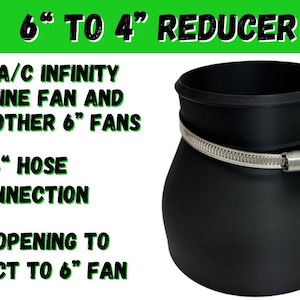 May include: Black 6" to 4" reducer for inline fans. It has a 5.75" opening to connect to a 6" fan and a 4" hose connection. The reducer is secured with a silver clamp and a green lever.