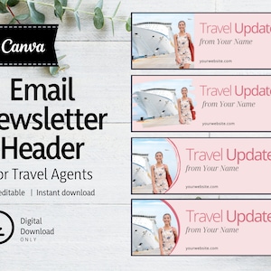 May include: Email newsletter header template for travel agents. The template features a pink background with a cruise ship and a woman in a pink dress. The text "Travel Updates from Your Name" is displayed in a white font. The website address "yourwebsite.com" is also included.