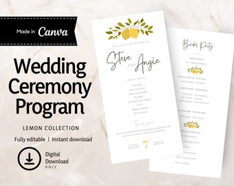 Wedding Ceremony Program, Instant Download, Printable, Canva template, LEMONWC01
