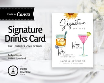 Signature Drinks Card Template INSTANT DOWNLOAD, Printable, Canva template, Sunflowers JSSD01