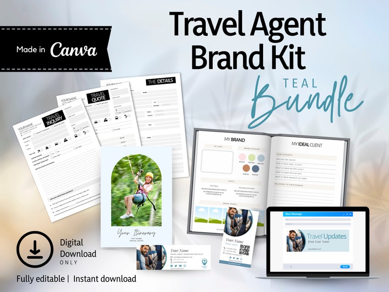 Travel Agent Brand Bundle, Planner, Intake Forms, Digital Business Cards, Editable, Instant Download, Printable, Template, Canva TABBT01 image 1