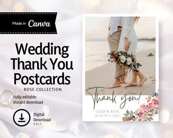 Wedding Thank You Postcard, Instant Download, Printable, Canva template, Rose, RTY01