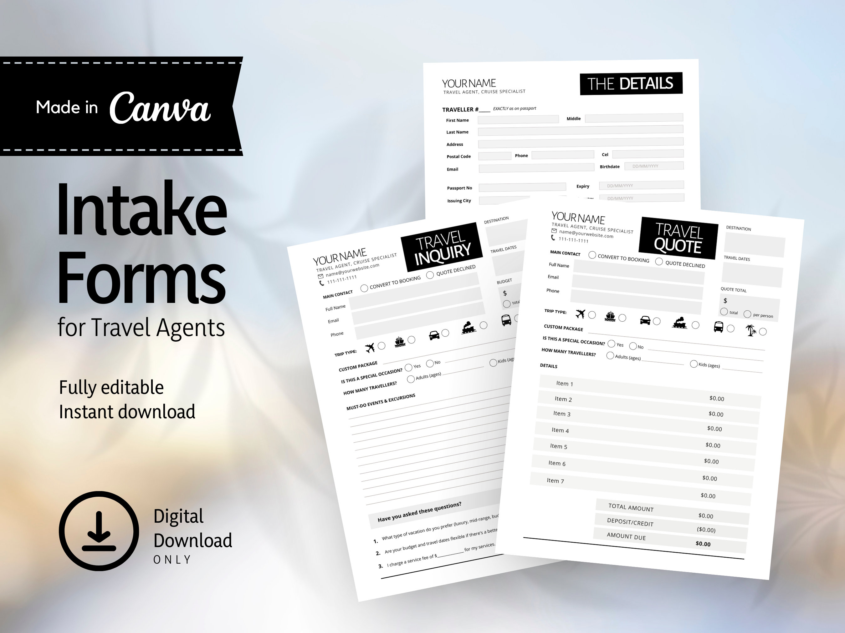 Intake Card Travel Agent Brand Bundle, Planner, Intake Forms, Digital Business ...