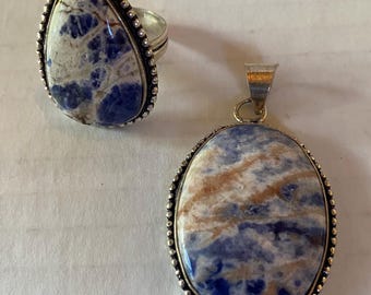 Gemstone SODALITE Sterling SILVER Ring & PENDANT Set