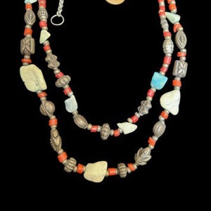 Retro Designed White & Red Stones w/ brass beads, double strand, antique necklace, vintage necklace, stone jewelry, layered necklace