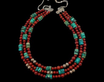 Argento 925, triplo filo di perline decorative Turchese, Diaspro e Argento. collana di perline, regalo di gioielli antichi per il regalo della moglie per lei