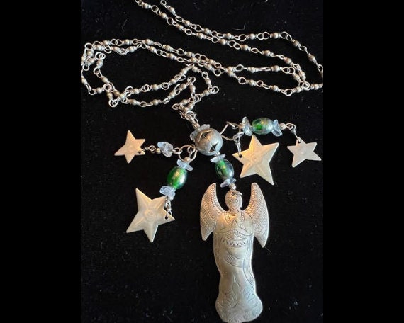 Traditional Mexican Silver Milagros Necklace layered Necklace with charms Milagros necklace Religious Mexican folk charms stars and angel
