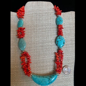 Turquoise and Coral Necklace, triple strands red coral and turquoise mixed necklace, statement necklace, Stone necklace, gift for her