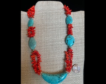 Turquoise and Coral Necklace, triple strands red coral and turquoise mixed necklace, statement necklace, Stone necklace, gift for her