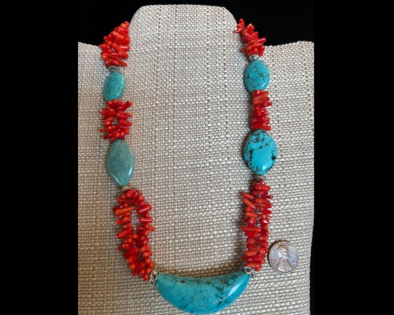 Collier Vintage Turquoise Et Corail - Occasion - Origine États-Unis
