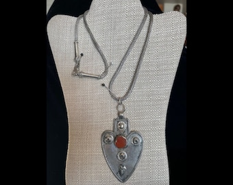 Middle-Eastern, Long, Woven Silver Woven Necklace w/ Large Pendant w/ Carnelian Stone, silver chain necklace, pendant jewelry, amulet chain