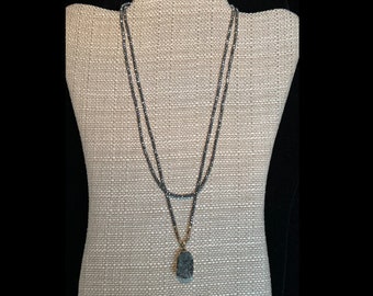 Anthropologie Double strand of sparkly charcoal & gold beads w/ a Smokey Quartz, pendant necklace, amulet necklace, raw stone necklace