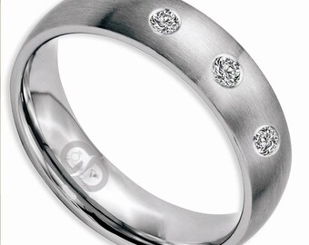 Diamond .09 Carat Solid Titanium Hand Finish Brushed 6mm Half Round Comfort Fit Calssic Traditional Wedding Engagement Bridal Band Ring