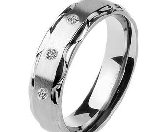 Diamond .06 Carat Solid Titanium Hand Finish Brushed 6mm Tribal Step Edge Wedding Engagement Bridal Band Ring