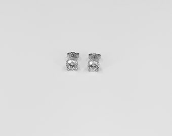 14k White Gold 4 Prongs Basket Stud Earrings With 2 CT  6.5mm Round Faceted Brilliant Cut Round Diamonds
