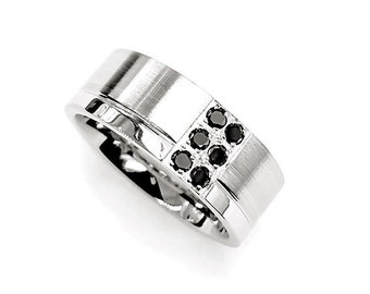 Men's Diamond Wedding Band .25 Carat Natural Black Diamonds Stainless Steel 316L Brushed with High Polished Edge 8mm Ring Size 9 to 13