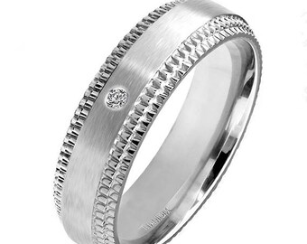 Diamond .02 Carat Solid Titanium Hand Finish Brushed 6mm Double Step Milgrain Edge Wedding Engagement Bridal Band Ring