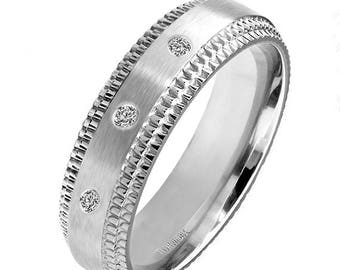 Diamond .06 Carat Solid Titanium Hand Finish Brushed 6mm Double Step Milgrain Edge Wedding Engagement Bridal Band Ring