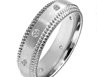 Diamond .12 Carat Solid Titanium Hand Finish Brushed 6mm Double Step Milgrain Edge Eternity Wedding Engagement Bridal Band Ring