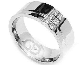 Men's Diamond Wedding Band .25 Carat Natural Diamonds on Surgical Stainless Steel 316L High Polished 8mm Ring