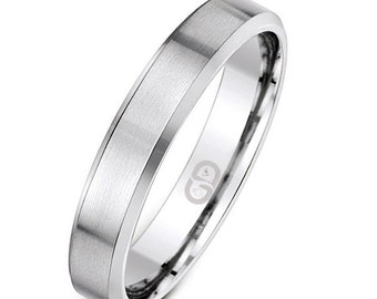 Stainless Steel Hand Finish Brushed 4mm Beveled Edge Comfort Fit Wedding Engagement Anniversary Band Ring Sizes 5 - 10 Including Half Sizes