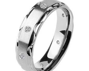 Diamond .12 Carat Solid Titanium Hand Finish Brushed 6mm Tribal Step Edge Wedding Engagement Bridal Band Ring