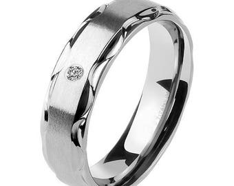 Diamond .02 Carat Solid Titanium Hand Finish Brushed 6mm Tribal Step Edge Wedding Engagement Bridal Band Ring