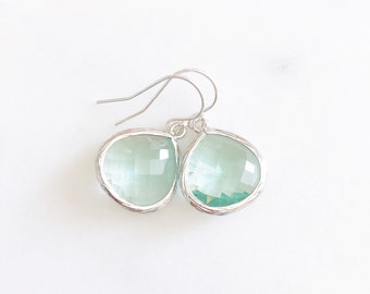 MOLLY Silver Sea Green Faceted Glass Drop Earrings Sea Green Drops Aqua Drop Earrings Silver Erinite Faceted Glass Drops