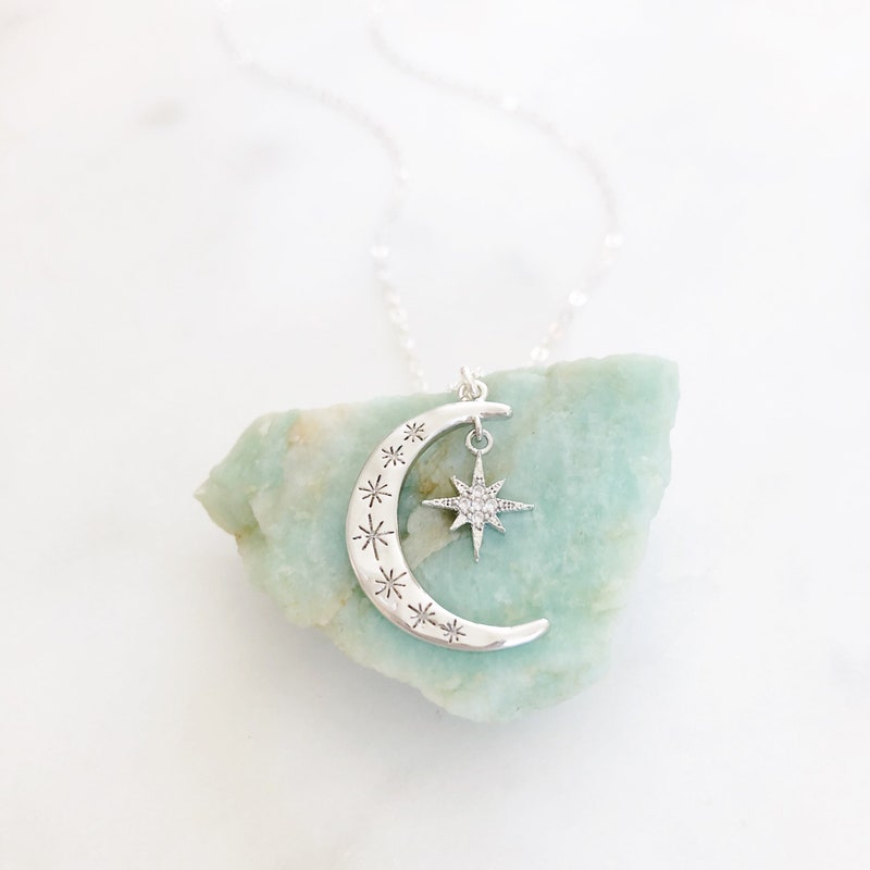 925 Sterling Silver Celtic Moon Star Necklace With Blue Crystal | 30th Birthday Gift For Women Sister Friend