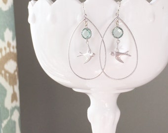 Bird Earrings, Swallow Earrings, Silver Dangle Earrings, Anniversary Gift for Wife,  Lark