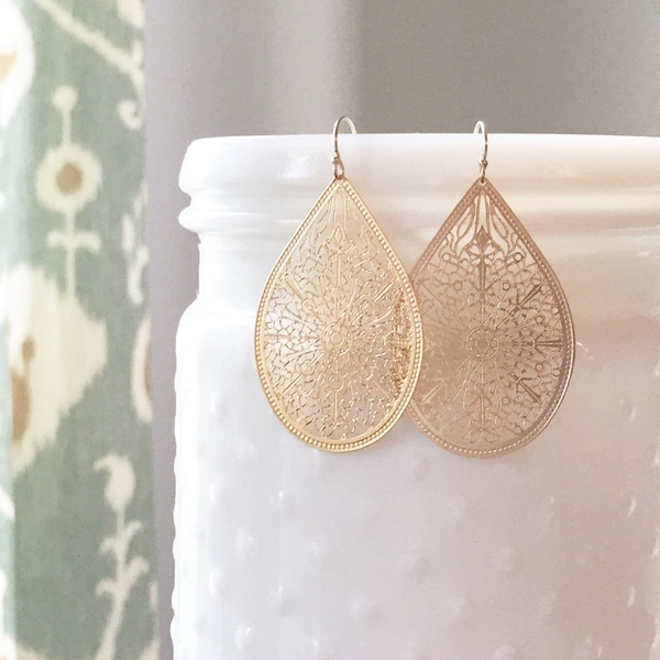 Gold Filigree Teardrop Earrings, Filigree Earrings, Gold Dangle Earrings, Best Friend Birthday Gift, CHARLOTTE