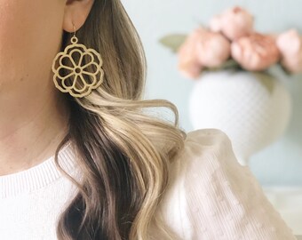 Flower Statement Earrings, Flower Earrings, Boho Earrings, Floral Earrings, Gold Statement Earrings, Big Flower Earrings Gold Earrings POSEY